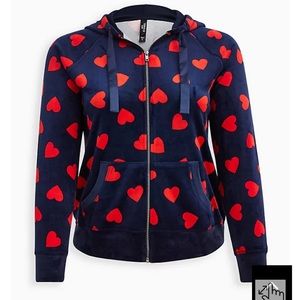 NWT TORRID VELOUR LONG SLEEVE ZIP LOUNGE HOODIE WITH HEARTS